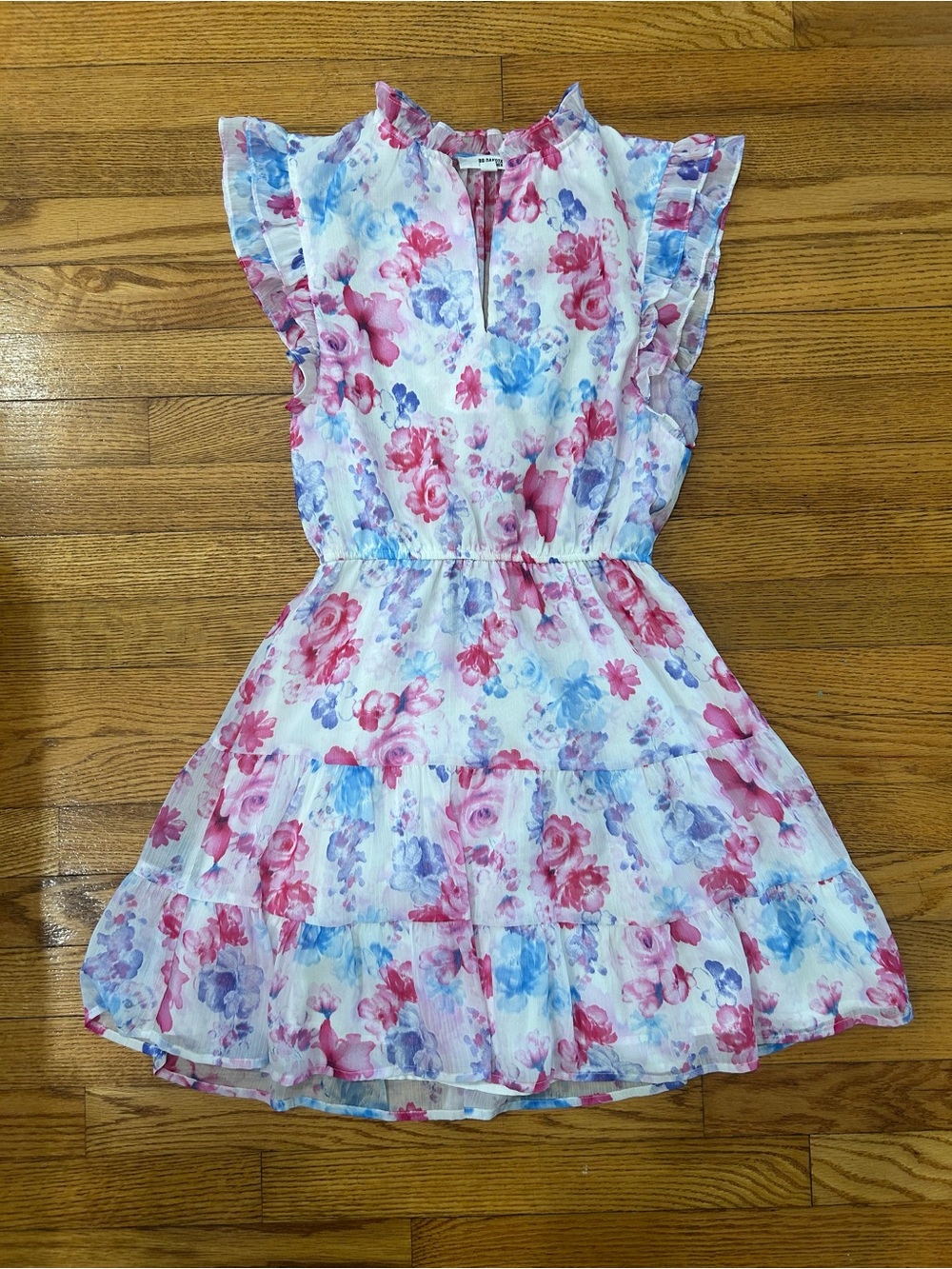 BB Dakota Girls White Floral Ruffle Dress with Pink & Blue Blooms
